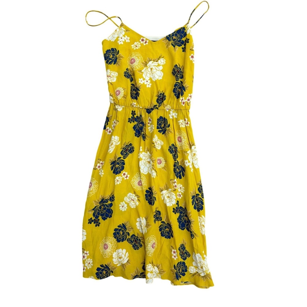 Zara Basic Women Mustard Yellow Floral Spaghetti Strap Elastic Waist Midi Dress